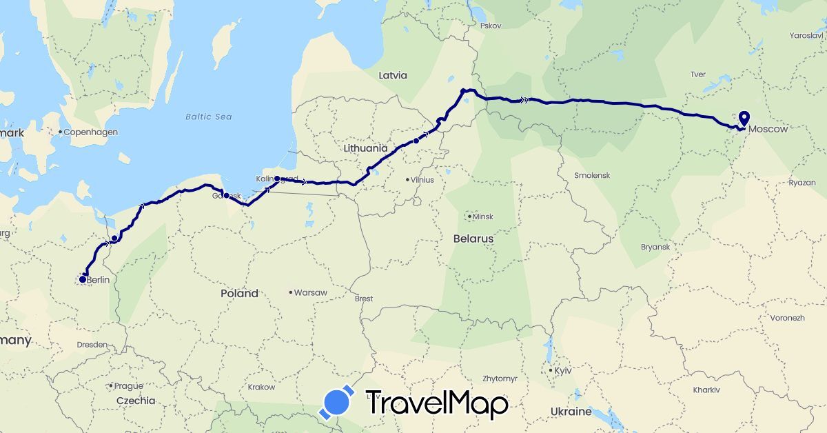 TravelMap itinerary: driving in Germany, Lithuania, Poland, Russia (Europe)